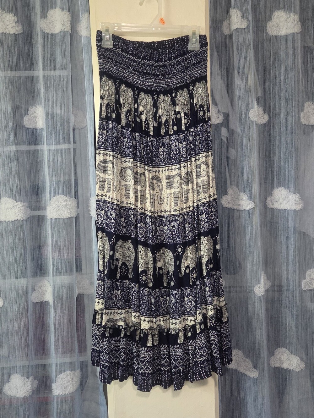 White & Navy Elephant Patterned Maxi Skirt